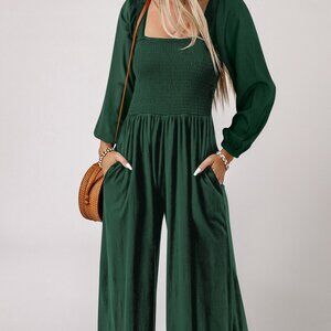 Green Smocked Square Neck Long Sleeve Wide Leg Jumpsuit - Large